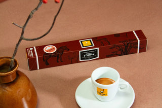 Schachtel mit Nespresso-kompatiblen Kapseln aus Aluminium Gran Cru Etiopia mit Espressotasse Filicori Zecchini.